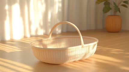 Fototapeta premium Empty beige wicker basket on wooden floor in sunlight.