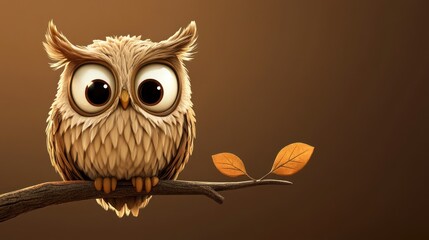 Fototapeta premium Cute cartoon owl perched on a branch with autumn leaves.