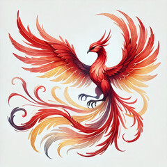 Obraz premium Majestic mythical phoenix bird with elaborate feathers, strong talons, and powerful wings, watercolor clipart illustration. Generative AI.