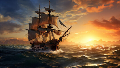 Obraz premium Threemasted Galleon Sailing at Sunset Ocean Waves Mountains