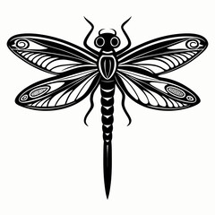 Intricate Dragonfly Silhouette Design in Monochrome Tribal Art Style