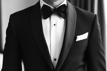 Elegant Black Tuxedo With Bow Tie And Pocket Square