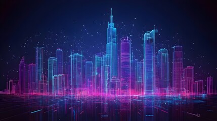 Fototapeta premium Futuristic cityscape on a dark background.A glowing wireframe modern cityscape at night. futuristic urban planning, smart cities, or digital city models. integration of nature with modern architecture