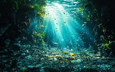 Obraz premium A view of plastic pollution beneath the ocean s surface, floating trash such as plastic bottles and bags, bright underwater light shining through the debrisfilled water