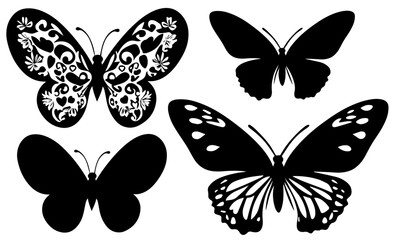 Set Butterfly Wings. Black butterflies silhouette vector on white background v7.