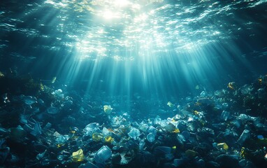 Fototapeta premium A view of plastic pollution beneath the ocean s surface, floating trash such as plastic bottles and bags, bright underwater light shining through the debrisfilled water