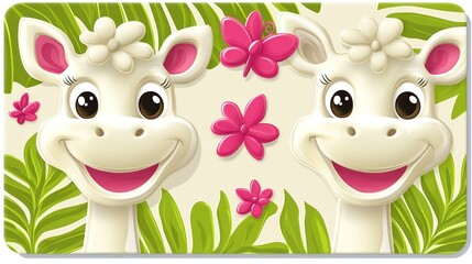 Naklejka premium Two cute cartoon giraffes with flowers and leaves.