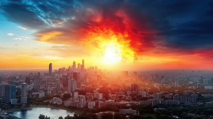 Naklejka premium Climate change impacts include floods droughts and the need for adaptation. Dramatic Sunset Over Urban Landscape with Fiery Colors