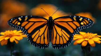 Monarch Butterfly Wings Spread Wide Amidst Flowers