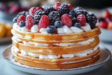 golden crispy belgian waffles stack with fresh mixed berries drizzling maple syrup powdered sugar and whipped cream on pure white background