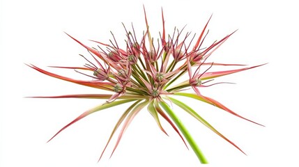 close up of a pink and green flower against a white background