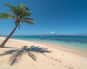 Beautiful coral beach scene with a palm tree casting a long shadow on the golden sand, calm turquoise sea in the background, and a clear blue sky above