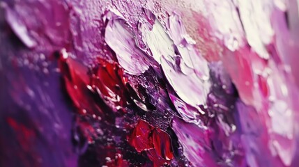 Obraz premium Close-up of impasto oil painting with purple, red, and white brushstrokes.