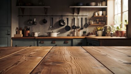 Rustic wooden kitchen countertop, warm sunlight through window, vintage cookware hanging, cozy cottage interior, textured wood grain, soft focus background, earthy tones, farmhouse style, natural ligh