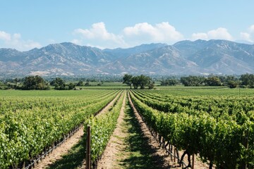Fototapeta premium Vineyard Rows Stretching Towards Majestic Mountains
