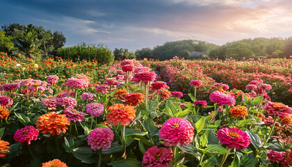 Obraz premium blooming zinnias on a farm