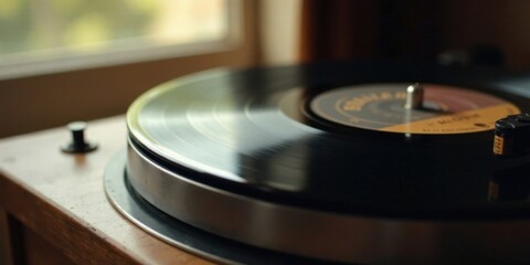 Close-up view of a vinyl record spinning on a turntable, showcasing the reflective surface and intricate details of the record and the player