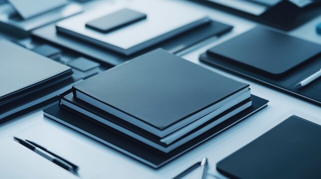 Stacked notebooks and stationery items on a white surface. - Powered by Adobe