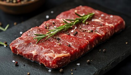 Fototapeta premium Entrecote beef steak cooking on a grill, seasoned with rosemary, cracked pepper, and sea salt, the meat grilling to perfection with a flavorful aroma and crispy sear
