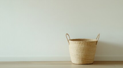 Empty woven basket against white wall.