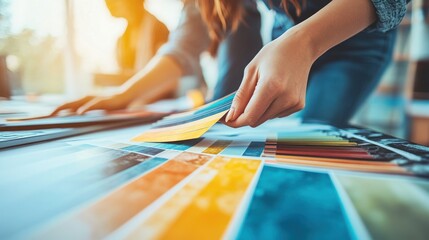 Close-up of hands selecting color swatches during a design meeting.