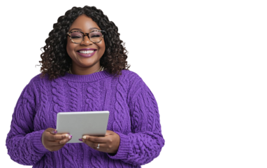 Laughing woman in a purple sweater holding a tablet horizontally, exuding joy and confidence, with a clean white background.

