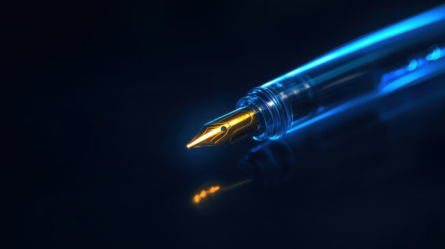 glowing pen with golden nib reflecting on dark surface
