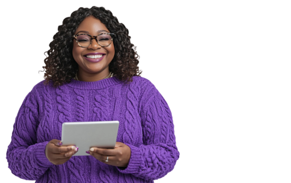 Laughing woman in a purple sweater holding a tablet horizontally, exuding joy and confidence, with a clean white background.
- Powered by Adobe