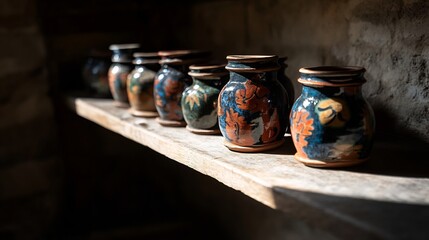 Hand-painted Pottery Collection on Rustic Wooden Shelf