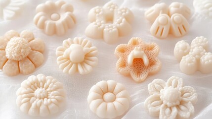 Assorted pastel floral-shaped candies on white fabric.