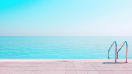 Fototapeta premium Serene poolside view with ocean backdrop, pastel hues, empty, calm water, clear sky.