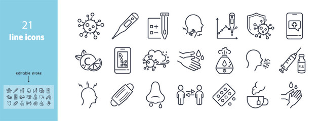 Influenza virus line icon set. Thermometer, Hand Washing, Vaccine, Telemedicine, Runny Nose, Cough, Humidifier, Hot Drink, Social Distancing, Sore Throat vector illustration. Editable Strokes