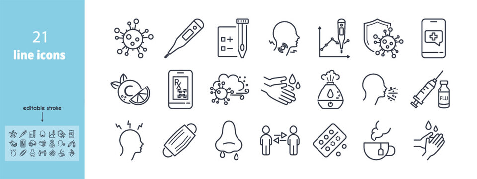 Influenza virus line icon set. Thermometer, Hand Washing, Vaccine, Telemedicine, Runny Nose, Cough, Humidifier, Hot Drink, Social Distancing, Sore Throat vector illustration. Editable Strokes