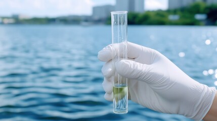 A hand in a glove holds a test tube with a green sample, against a backdrop of water and buildings, suggesting environmental testing or research.