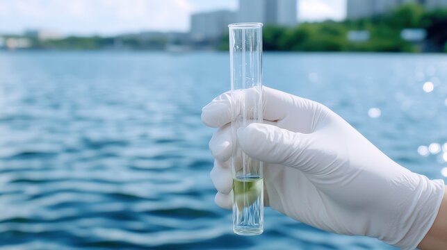 A hand in a glove holds a test tube with a green sample, against a backdrop of water and buildings, suggesting environmental testing or research.