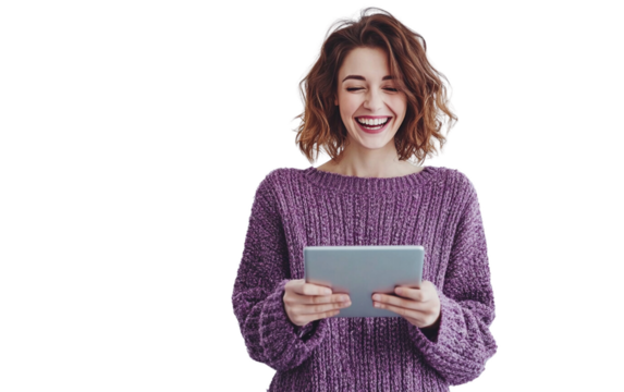 Laughing woman in a purple sweater holding a tablet horizontally, exuding joy and confidence, with a clean white background.

