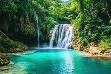 Fototapeta premium Lush Tropical Waterfall Cascades into Turquoise Pool