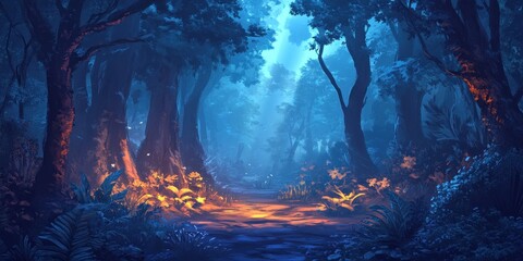Obraz premium Enchanting Night Forest Path Illuminated With Warm Light