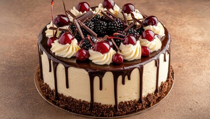 Chocolate drip cake with cream swirls and fresh berries 