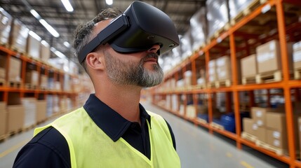 A man in a safety vest uses virtual reality goggles in a warehouse filled with boxes, exploring immersive technology for training or inventory management.