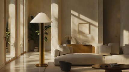 Minimalist living room with a brass floor lamp, beige sofa, and sunlight streaming through large windows.