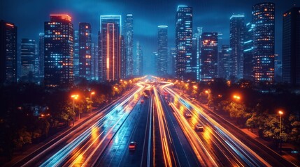 Fototapeta premium Futuristic city skyline at night. Traffic flows on multi-lane highway. Skyscrapers with neon lights create vibrant urban landscape. Advanced infrastructure, urban innovation evident in cityscapes. No