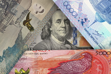 US $100 bill peeking out from under Kazakhstani tenge bills. Foreign exchange market. financial...