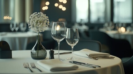 Elegant restaurant table setting with wine glasses, flower, and cutlery.