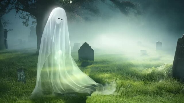 Sad white veiled ghost standing near an old grave in an old cemetery at night, lit by a moonlight