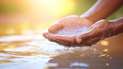 Fototapeta premium Child's hands cupped, catching water from a stream at sunset.