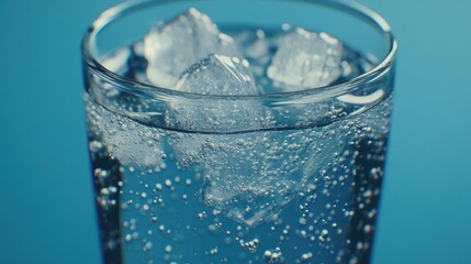 Close-up of a glass of sparkling water with ice cubes on a blue background.
