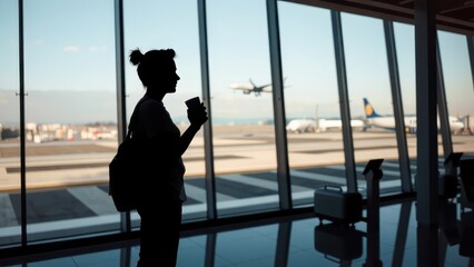 Fototapeta premium silhouette, traveler, airport terminal, large windows, airplane taking off, sunset sky, reflective floor, waiting area, backlit figure, travel mood, panoramic view, anticipation, departure lounge, gol
