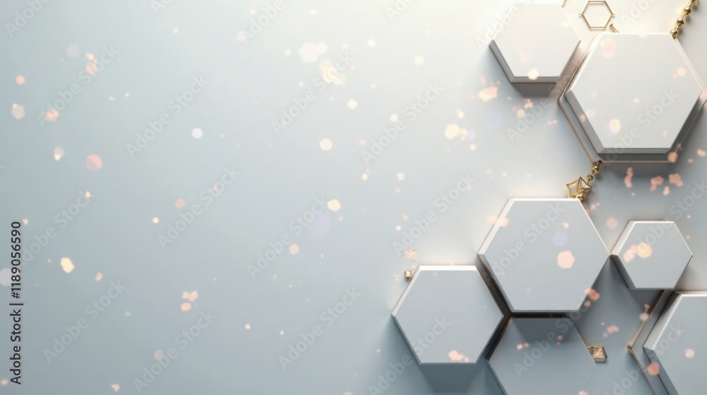 Poster abstract white hexagon pattern with golden accents and sparkling lights