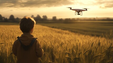 Charming scene of a child watching a new drone aircraft take off from a nearby field, sparking curiosity and innovation 